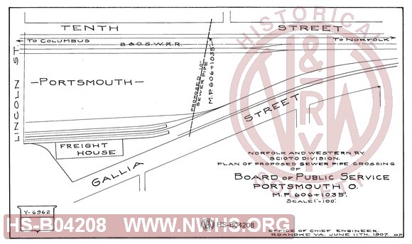N&W Ry, Scioto division, Plan of proposed sewer pipe crossing of Board of Public Service, Portsmouth, O, MP 606+1035
