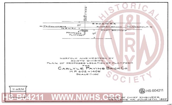 N&W Ry, Scioto Division, Plan of proposed location of platform for Carlyle Paving Brick Co., MP 602+1406'