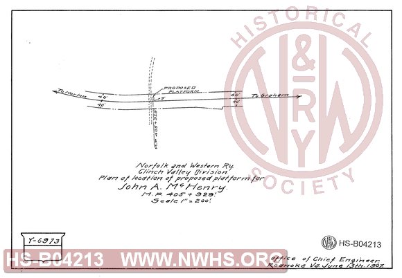 N&W Ry, Clinch Valley division, Plan of location of proposed platform for John A McHenry, MP 405+929'