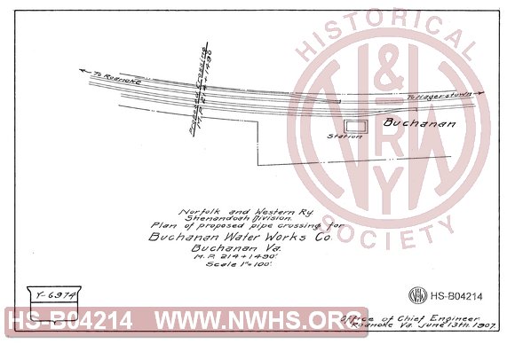 N&W Ry, Shenandoah Division, Plan of proposed pipe crossing for Buchanan Water Works Co., Buchanan Va., MP 214+1490'