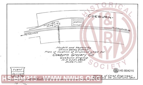 N&W Ry, Clinch Valley division, Plan of location of proposed shed for Coeburn Grocery Co., Coeburn, Va, MP 455+2803'