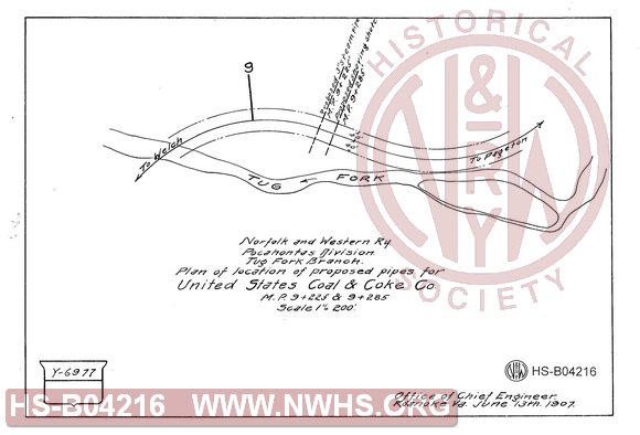 N&W Ry, Pocahontas Division, Tug Fork branch, Plan of location of proposed pipes for United States Coal & Coke Co., MP 9+225 & 9+285