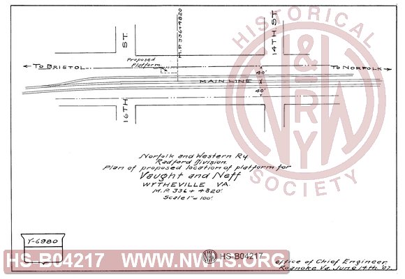 N&W Ry, Radford Division, Plan of proposed location of platform for Vaught and Neff, Wytheville Va, MP 336+4820'