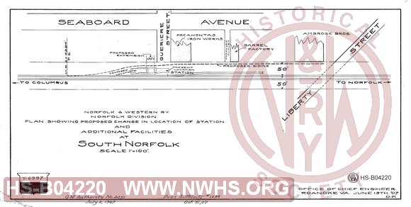 N&W Ry, Norfolk Division, Plan showing proposed change in location of station and additional facilities at South Norfolk