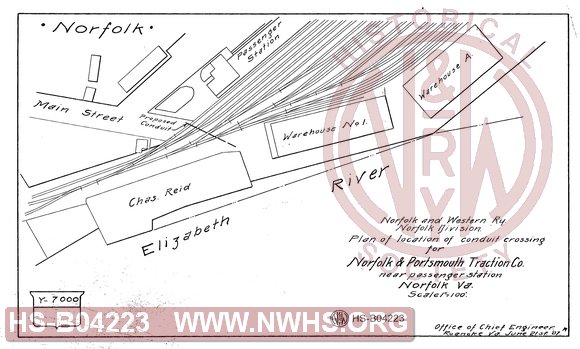 N&W Ry, Norfolk Division, Plan of location of conduit crossing for Norfolk Portsmouth Traction Co. near passenger station, Norfolk, Va
