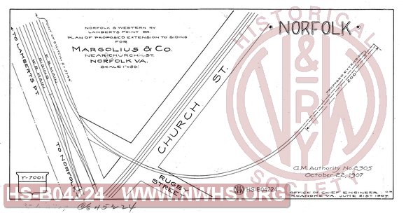 N&W Ry, Lamberts Point Br, Plan of proposed extension to siding for Margolius & Co., Near Church St., Norfolk, Va