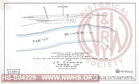 Plan of Location of Proposed Fertilizer House for J.C. Carrico, Fries VA, MP 45+270', Washington Mills Branch