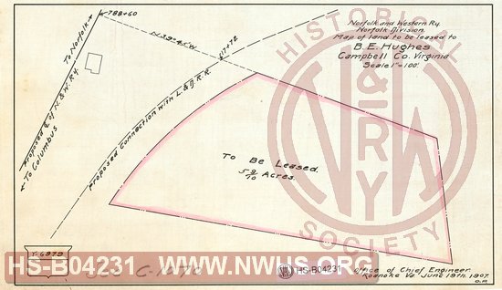N&W Ry, Norfolk Division, Map of land to be leased to B.E. Hughes, Campbell Co. Virginia