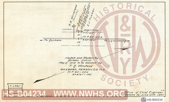 N&W Ry, Durham District, Map of land to be deeded by T.D. Winstead, Roxboro, Person Co. N.C., MP 83+52'