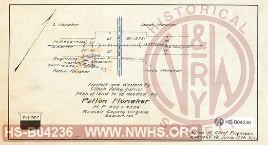 N&W Ry, Clinch Valley district, Map of land to be deeded by Patton Honaker, MP 422+4556', Russell County Virginia