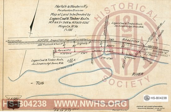 N&W Ry, Pocahontas Division, Map of land to be deeded by Logan Coal & Timber Association, MP 449+348' & MP 450+3265', Mingo Co, W.Va