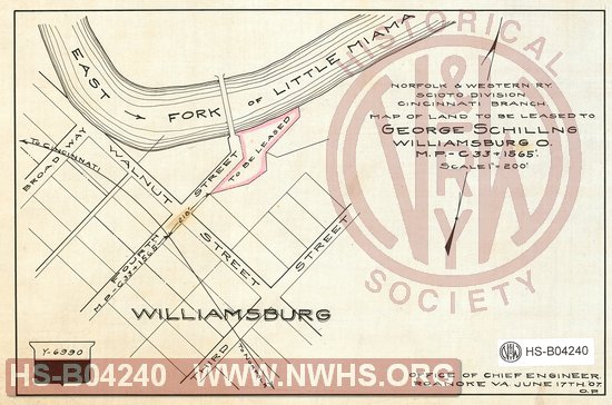 N&W Ry, Scioto Division, Cincinnati Branch, Map of land to be leased to George Schillng, Williamsburg O., MP C33+1565'