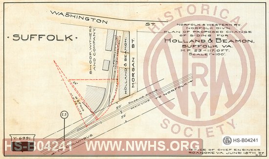 N&W Ry, Norfolk Division, Plan of proposed change of siding for Holland & Beamon, Suffolk Va, MP 23-117.0'