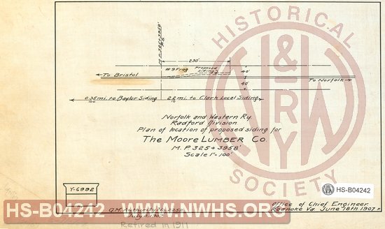 N&W Ry, Radford Division, Plan of location of proposed siding for The Moore Lumber Co., MP 325+3958'