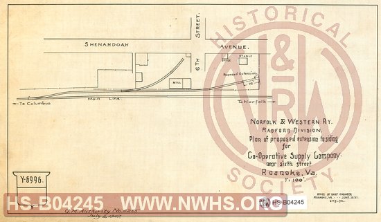 N&W Ry, Radford Division, Plan of proposed extension to siding for Co-Operative Supply Company near sixth street, Roanoke, Va.