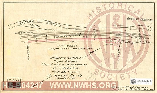 N&W Ry, Norfolk Division, Map of land to be deeded by A.T. Weeks MP 251+160.0' Botetourt Co. Va