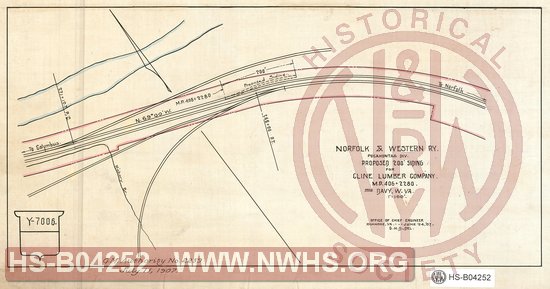 N&W Ry Pocahontas Div, Proposed 200' siding for Cline Lumber Company, MP 406+2280 near Davy W. Va.
