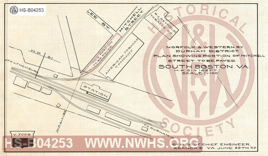 N&W Ry, Durham district, Plan showing portion of Mitchell Street to be Paved, South Boston Va, MP 61+195 ft.
