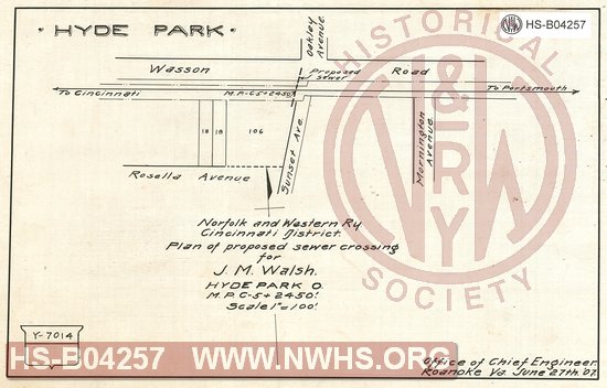 N&W Ry, Cincinnati District, Plan of proposed sewer crossing for J.M. Walsh, Hyde Park O., MP C5+2450'