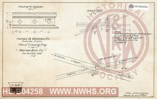 N&W Ry, Pocahontas Division, Plan of Crossing Frog for Moorman Bros. Co., Mile Post 454-603'