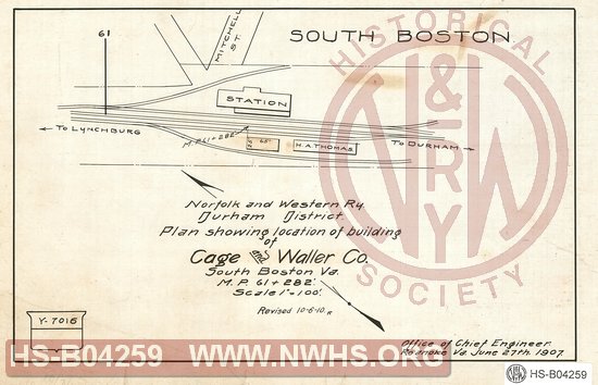 N&W Ry, Durham District, Plan show location of building of Cage and Waller Co., South Boston, Va, MP 61+282'