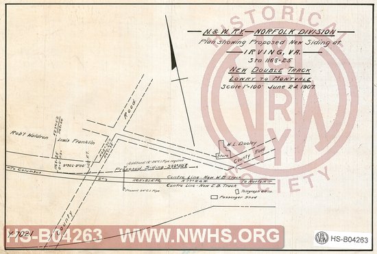 N&W Ry, Norfolk Division, Plan showing proposed new siding at Irving, Va Sta. 1168+25, New Double track, Lowry to Montvale