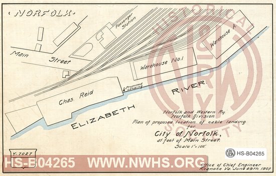 N&W Ry, Norfolk Division, Plan of proposed location of cable landing for City of Norfolk, at foot of Main street