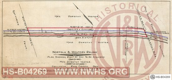 N&W Ry, Plan showing right of way to be acquired of Mrs Dorothy Vester near Chillicothe, Ross County, Ohio, MP 652+2382.0 to MP 652+4278.8