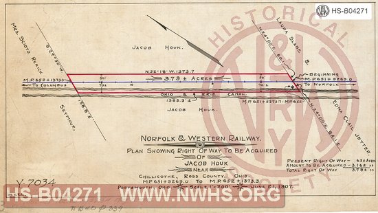 N&W Ry, Plan showing right of way to be acquired of Jacob Houk near Chillicothe, Ross County, Ohio, MP 651+5269.0 to MP 652+1373.3