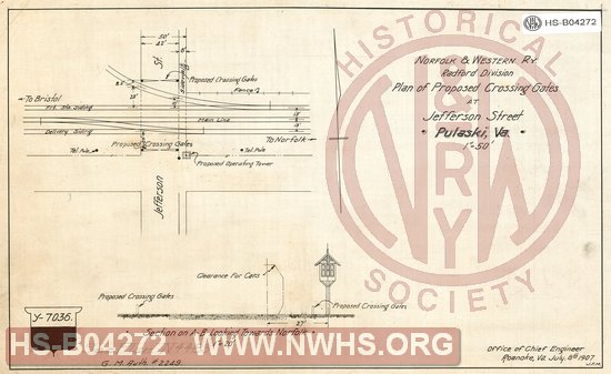 N&W Ry, Radford Division, Plan of proposed crossing gates at Jefferson Street, Pulaski, Va