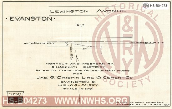 N&W Ry, Cincinnati District, Plan of location of proposed siding for Jas. G. Crispin Lime & Cement Co., Evanston, O., MP C3+5215'