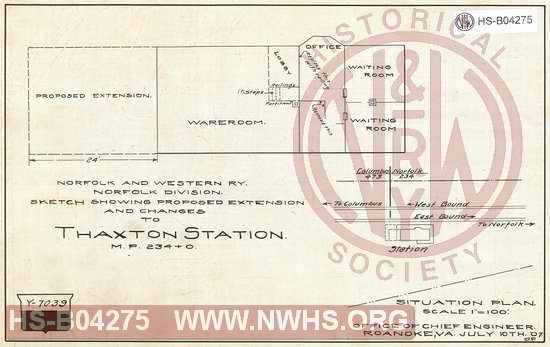 N&W Ry, Norfolk Division, Sketch showing proposed extension and changes to Thaxton Station, MP 234+0'