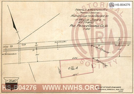 N&W Ry, Norfolk Division, Map of land to be deeded by Willis Jones, MP 77+4055', Poe, Prince George Co., Va