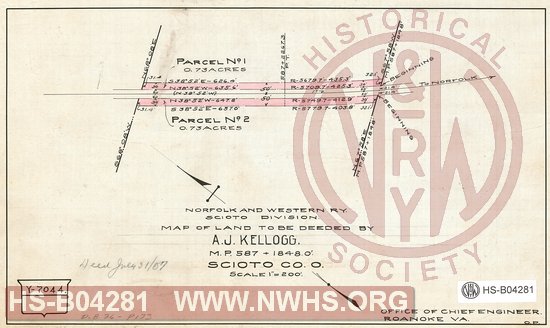 N&W Ry, Scioto Division, Map of land to be deeded by A.J. Kellogg, MP 587+1848.0', Scioto Co., O.