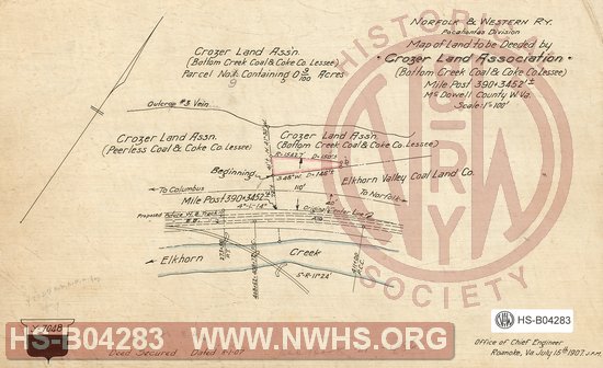 N&W Ry, Pocahontas Division, Map of land to deeded by Crozer Land Association (Bottom Creek Coal & Coke Co. Lessee), MP 390+3452', McDowell Co W.Va.