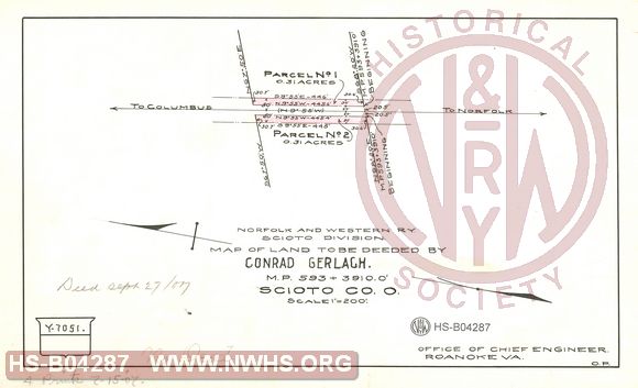 N&W Ry, Scioto Division, Map of land to be deeded by Conrad Gerlach, MP 593+3910.0', Scioto Co. OH