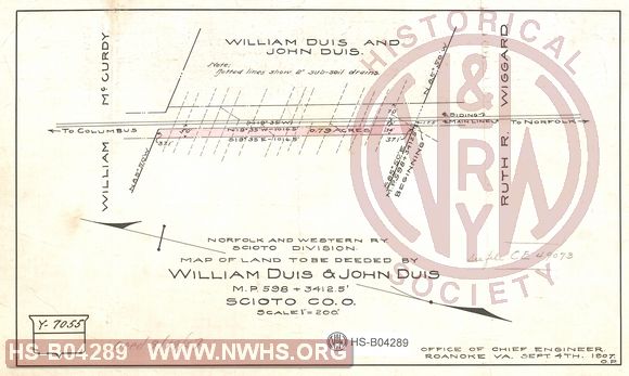 N&W Ry, Scioto Division, Map of land to be deeded by William Duis & John Duis, MP 598+3412.5', Scioto Co. O.