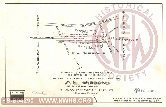 N&W Ry, Scioto Division, Map of land to be deeded by A.E. Gibbons, MP 584+1409.0', Lawrence Co. O.