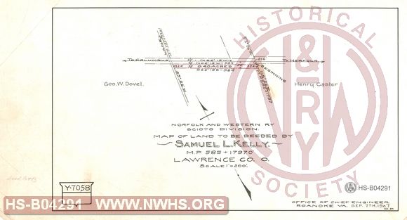 N&W Ry, Scioto Division, Map of land to be deeded by Samuel L. Kelly, MP 585+1797.0', Lawrence Co. O.