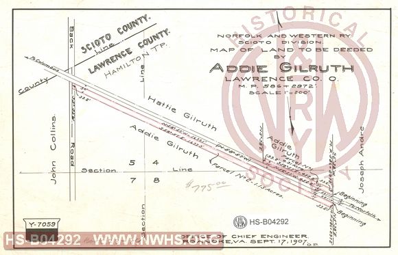 N&W Ry, Scioto Division, Map of land to be deeded by Addie Gilruth, Lawrence Co. O. MP 586+2972'