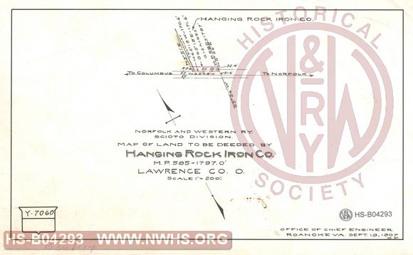 N&W Ry, Scioto Division, Map of land to be deeded by Hanging Rock Iron Co., MP 585+1797.0' Lawrence Co. O.