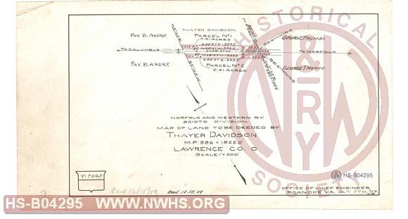 N&W Ry, Scioto Division, Map of land to be deeded by Thayer Davidson, MP 586+1922.0', Lawrence Co. O.
