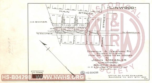 N&W Ry, Scioto Division, Map of land to be deeded by John Dressler, Linwood, Scioto Co. O. MP 600+1887.9' to 600+2120'