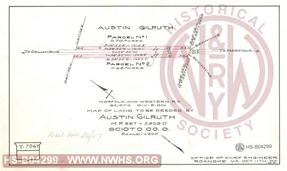 N&W Ry, Scioto Division, Map of land to be deeded by Addie Gilruth, MP 587+2909.0' Scioto Co. O.