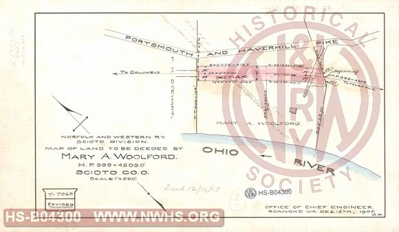 N&W Ry, Scioto Division, Map of land to be deeded by Mary A. Woolford, MP 599+4509.0', Scioto Co. O.