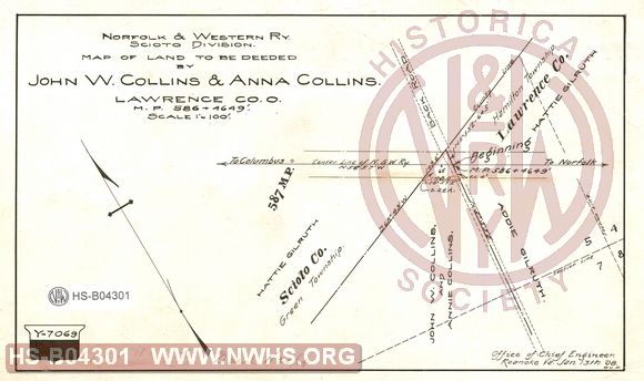 N&W Ry, Scioto Division, Map of land to be deeded by John W. Collins & Anna Collins, Lawrence Co. O. MP 586+4649'