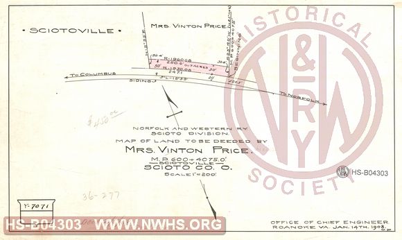 N&W Ry, Scioto Division, Map of land to be deeded by Mrs Vinto Price, MP 600+4075.0', Sciotoville, Scioto Co. O.
