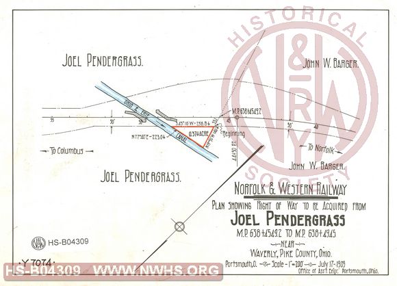 N&W Ry, Plan showing Right of Way to be Acquired from Joel Pendergrass, MP 638+4549.2' to MP 638+4945' near Waverly, Pike County OH.