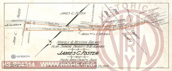 N&W Ry, Plan showing right of way to be acquired from James C. Foster near Higby, Ross County, Ohio, MP 642+2677 to MP 642+4779