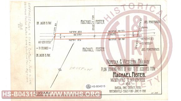 N&W Ry, Plan showing right of way to be acquired from Rachael Foster, MP 639+1774.5 to MP 639+3155.0 near Omega, Pike County, Ohio